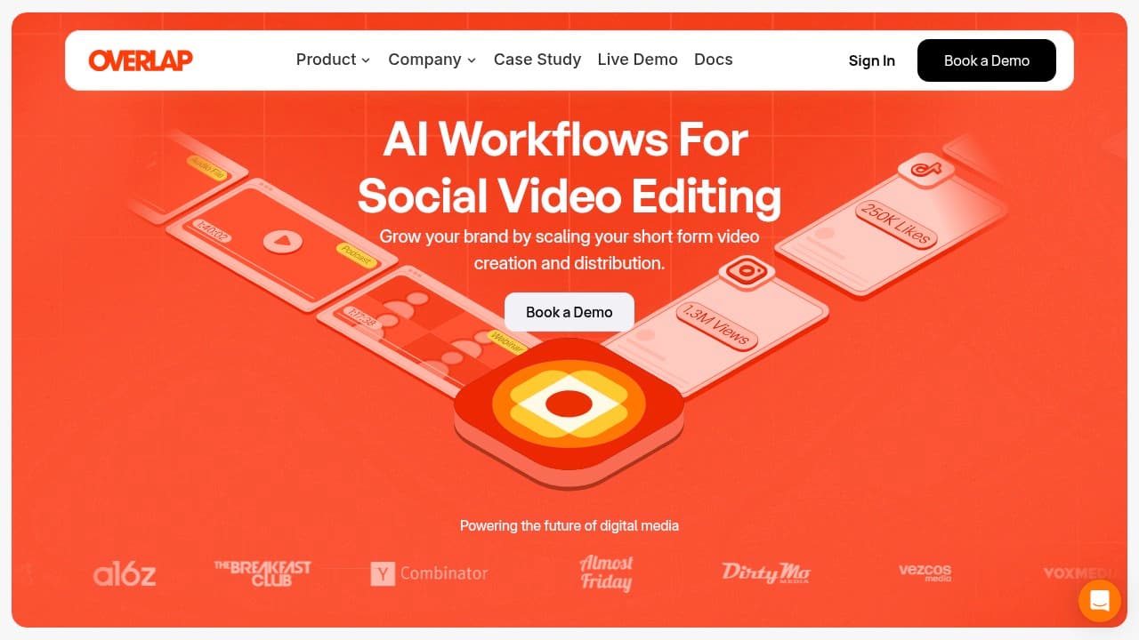 The overlap.ai homepage, headed "AI Workflows For Social Video Editing", with a strip of customer logos below