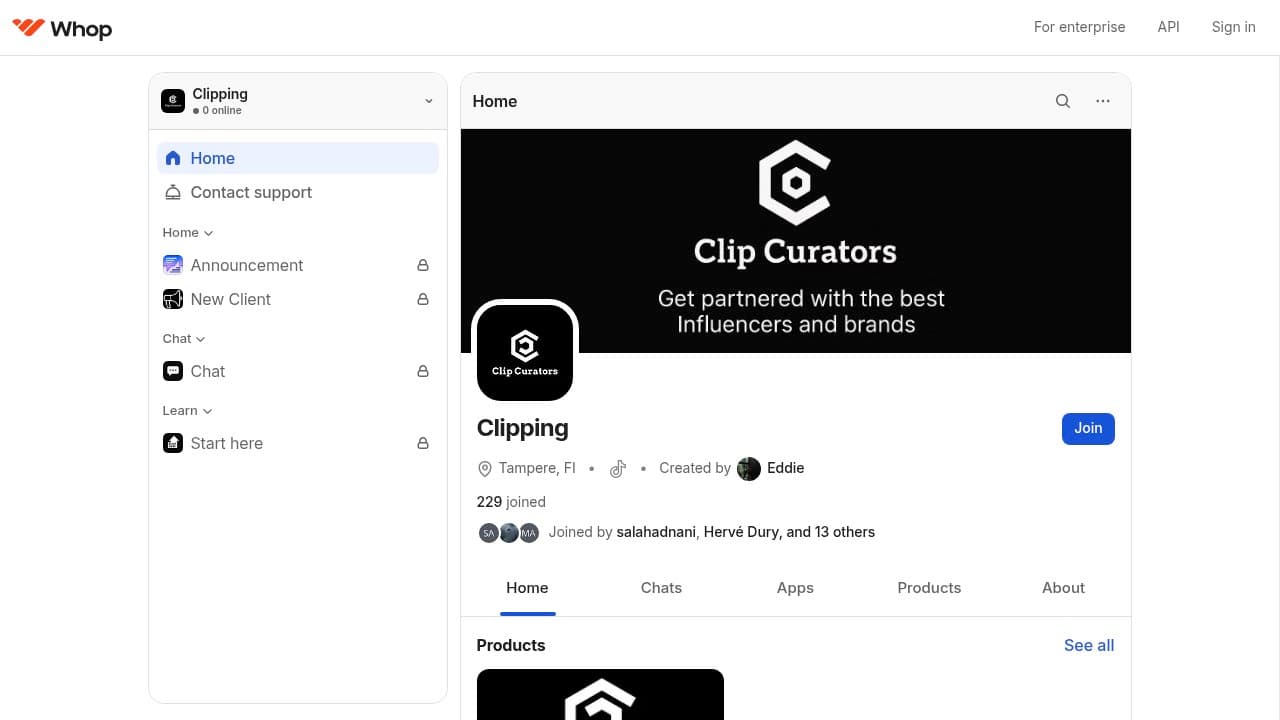 A clipping community hosted on Whop with its home, announcements, chat, and learning areas