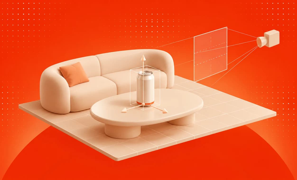 A can on a table in a 3D scene, with move handles and a camera frustum