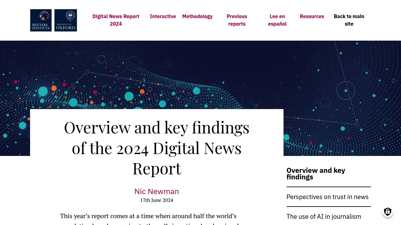 The Reuters Institute's "Overview and key findings of the 2024 Digital News Report" page by Nic Newman, dated 17 June 2024