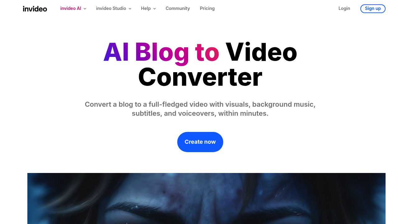 The invideo.ai landing page for its AI Blog to Video Converter, with a "Create now" button