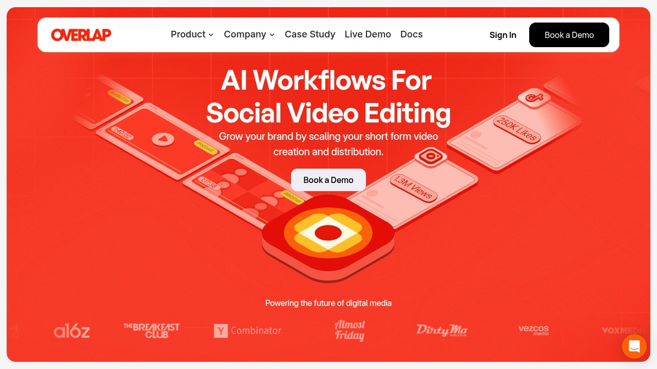 The overlap.ai homepage, headed "AI Workflows For Social Video Editing", with a strip of customer logos below