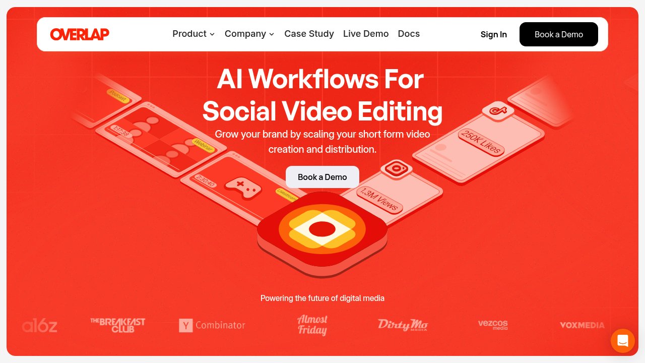 The overlap.ai homepage, headed "AI Workflows For Social Video Editing", with a strip of customer logos below