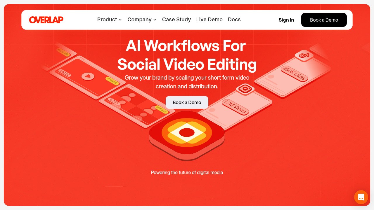 The overlap.ai homepage, headed "AI Workflows For Social Video Editing" above an isometric illustration of phones and social posts