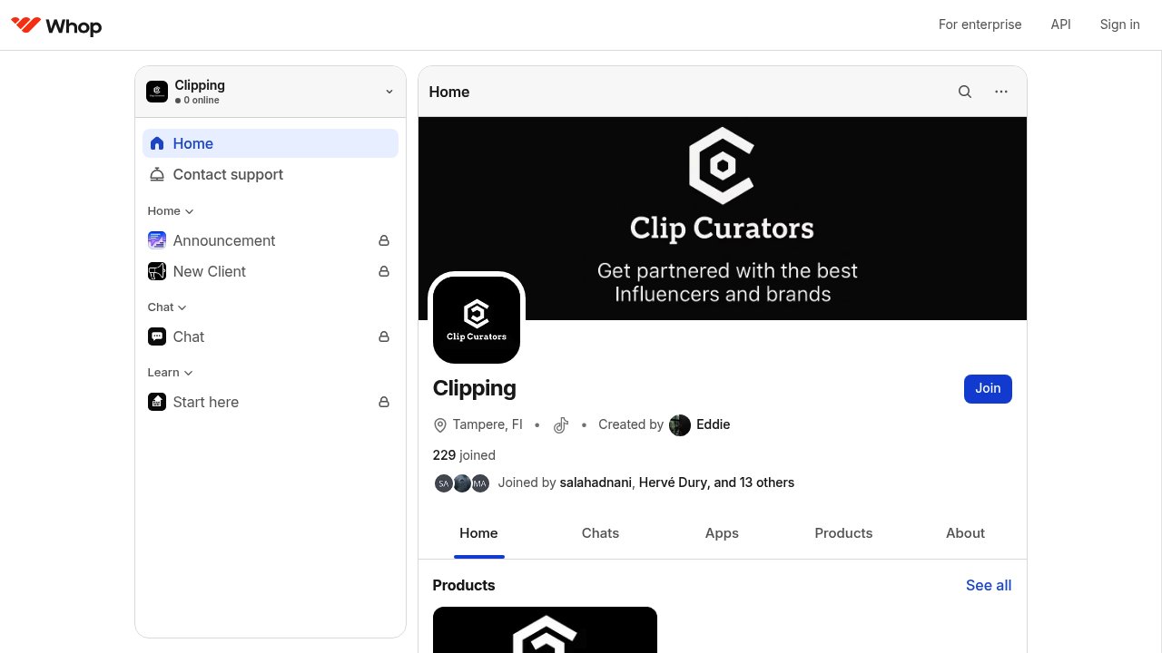 A clipping community hosted on Whop with its home, announcements, chat, and learning areas